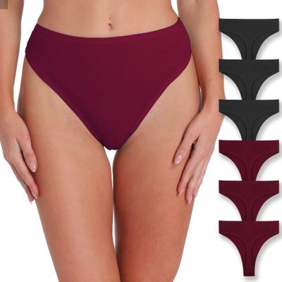 Xlndsoea Women's High Rise Thong Panties Stretchy Ribbed Cotton Underwear Regular & Plus Size 6-Pack