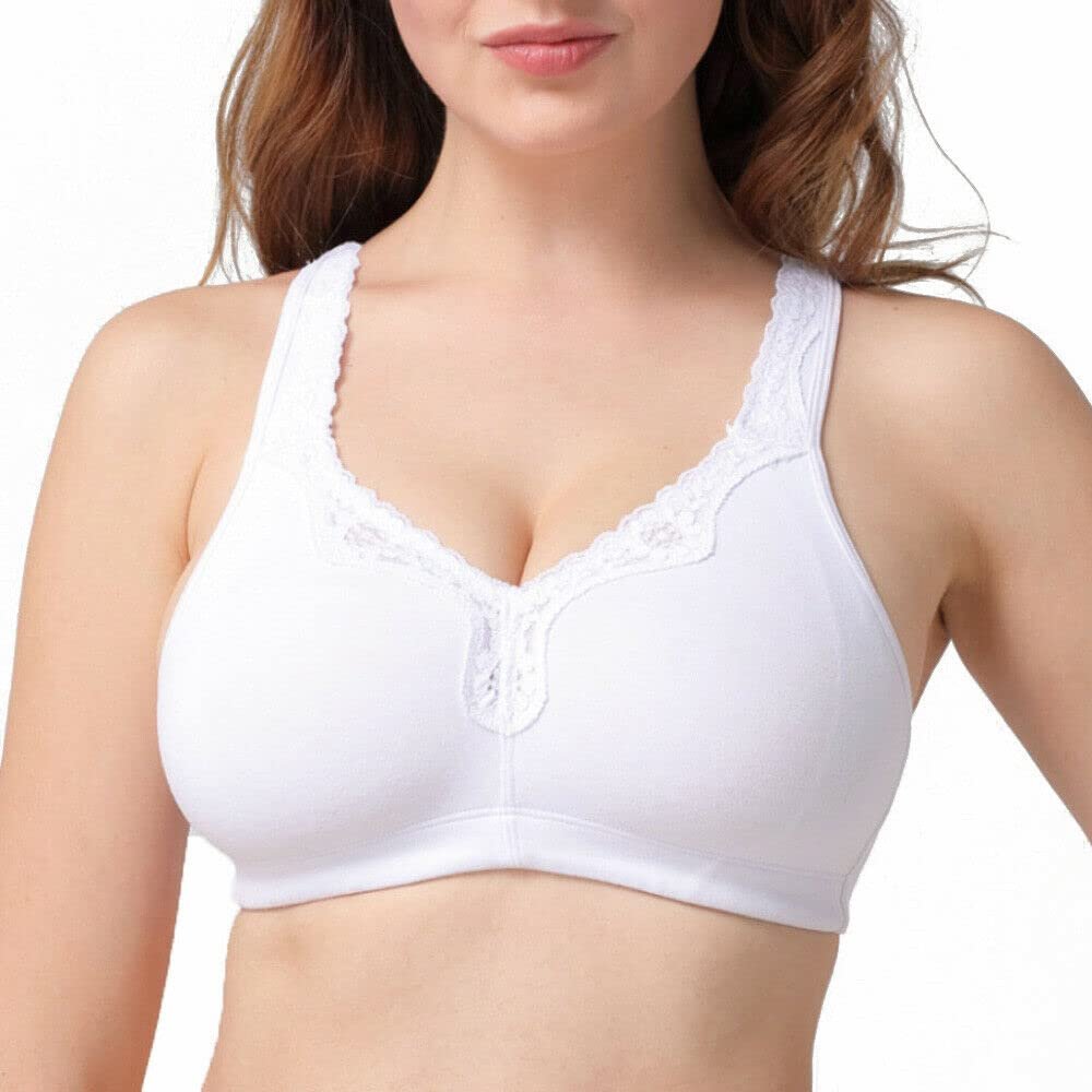 Women's Wireless Plus Size Lace Comfort Cotton Bra Full Coverage Unlined Minimizer Bra 44B White