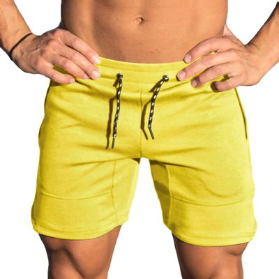 EVERWORTH Men's Solid Gym Workout Shorts Bodybuilding Running Fitted Training Jogging Short Pants with Zipper Pocket Yellow US L Tag 2XL