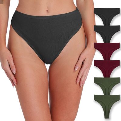 Xlndsoea Women's High Waisted Active Sport Thongs Breathable Ribbed Cotton Panties Stretchy Soft Underwear 6-Pack