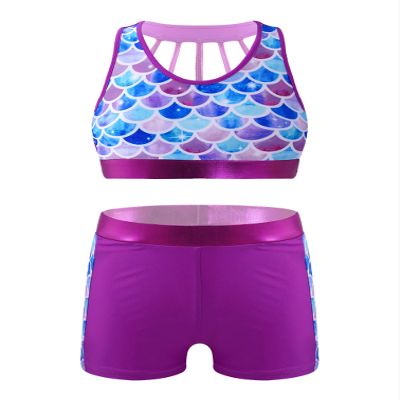 HULIJA Girls Sports/Dance/Gymnastics/Swim Tacksuit Swimsuit 2 Pcs Hearts Printed Crop Top with Booty Shorts Fish-Scales 10 Years