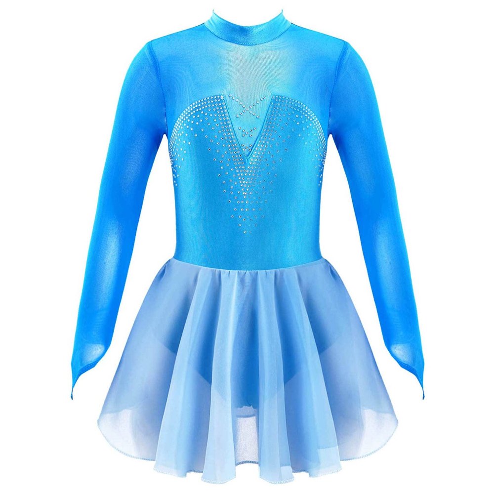 JanJean Kids Girls Figure Ice Skating Dress Long Sleeve Sparkly Rhinestone Mesh Splice Gymnastics Leotard Dress Dancewear Blue 6 Years