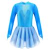JanJean Kids Girls Figure Ice Skating Dress Long Sleeve Sparkly Rhinestone Mesh Splice Gymnastics Leotard Dress Dancewear Blue 6 Years view 1