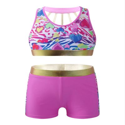 HULIJA Girls Sports/Dance/Gymnastics/Swim Tacksuit Swimsuit 2 Pcs Hearts Printed Crop Top with Booty Shorts Zebra-Pattern 14 Years