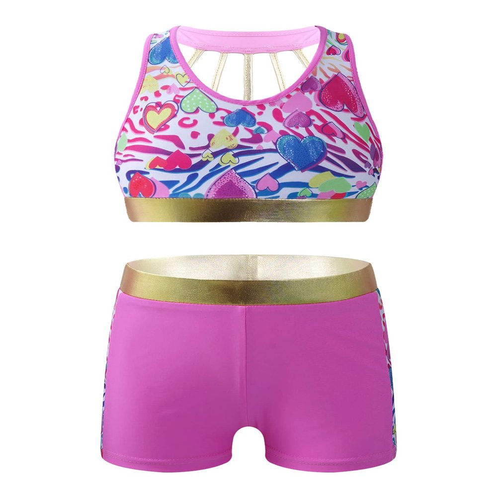 HULIJA Girls Sports/Dance/Gymnastics/Swim Tacksuit Swimsuit 2 Pcs Hearts Printed Crop Top with Booty Shorts Zebra-Pattern 14 Years