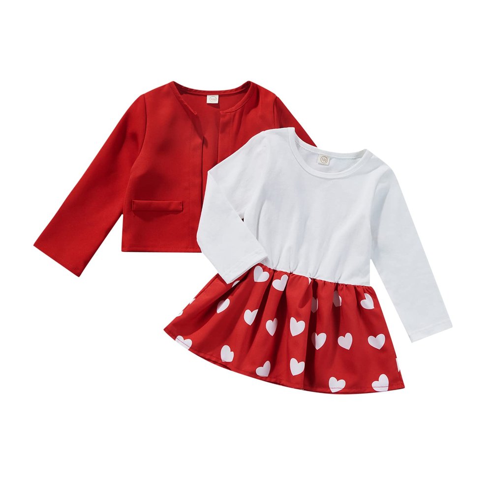 Baby Valentines Day Outfit Girl Heart Print Ruffle Mini Skirt+Coat Toddler Girls Valentines Day Dress Set (Red,6-12 Months)