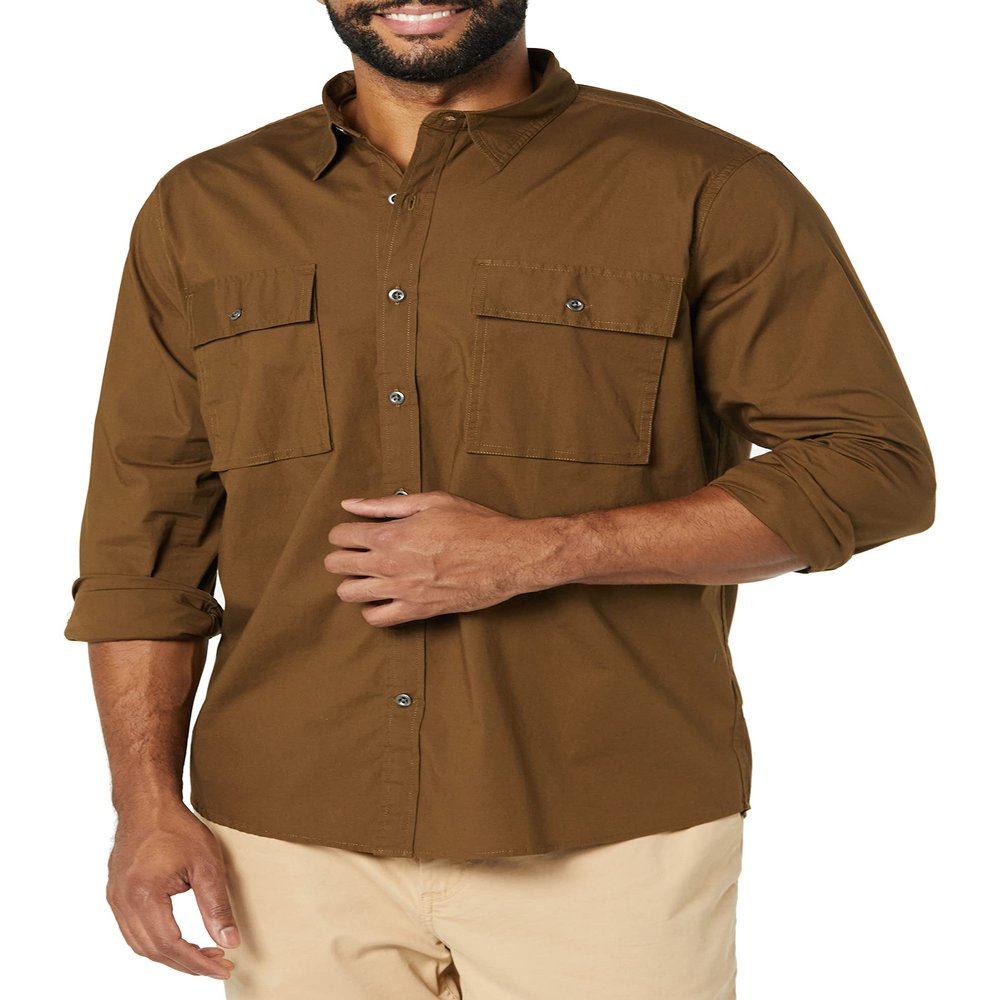 Amazon Essentials Men's Standard-Fit Long-Sleeve Two-Pocket Utility Shirt, Dark Olive, X-Small