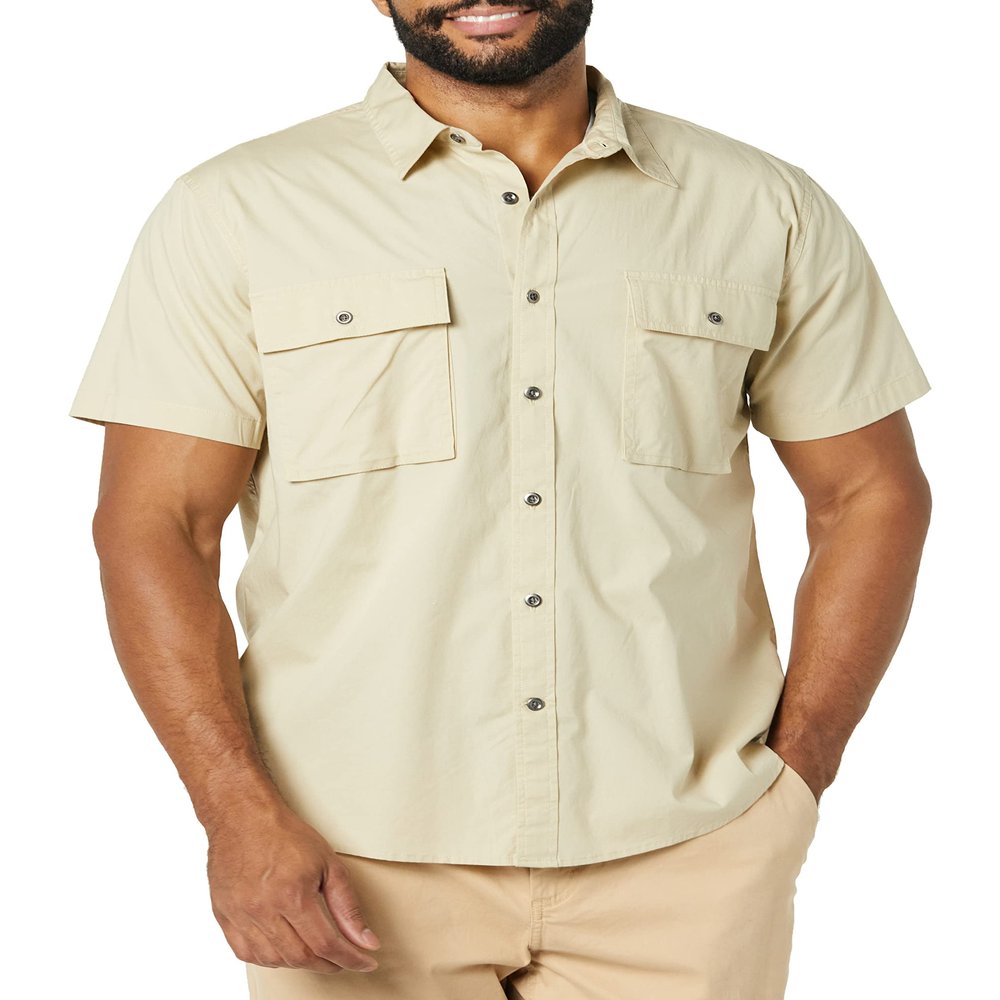 Amazon Essentials Men's Slim-Fit Short-Sleeve Two-Pocket Utility Shirt, Light Khaki Brown, X-Large