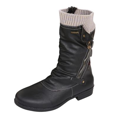 Bcshiye Women's Ankle Bootie Winter Mid Calf Military Combat Boots Comfort Slip On Low Chunky Heel Warm Snow Boots