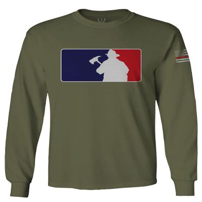 Firefighter League Fire American Flag Thin Red Line Fighter Department Men's Long Sleeve t Shirt (Olive, 2X Large)