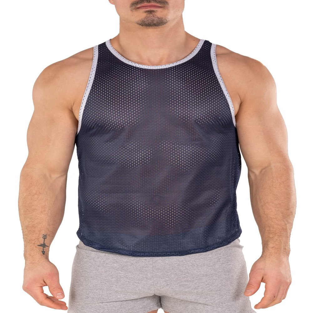 Gary Majdell Sport Men's Breathable Athletic See-Through Smooth Mesh Tank Top (Navy with White Hem, Large)