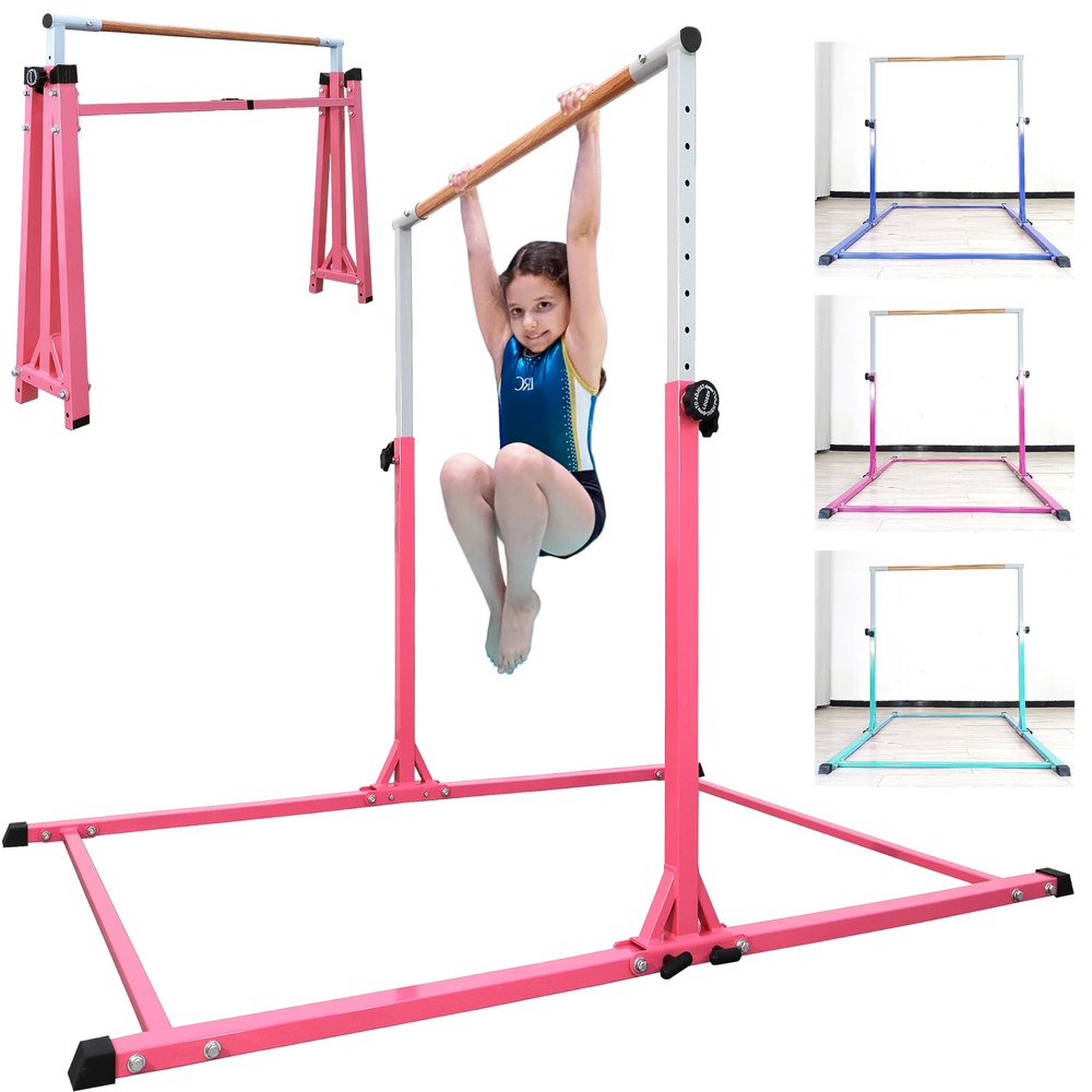 Seliyoo Foldable Gymnastics Bar for Kids, Adjustable Height from 35" to 59", 350 LBS Capacity, Home Gym Equipment for Kids Ages 3-18, Anti -Slip Rubber Feet,Unique Stable Structure