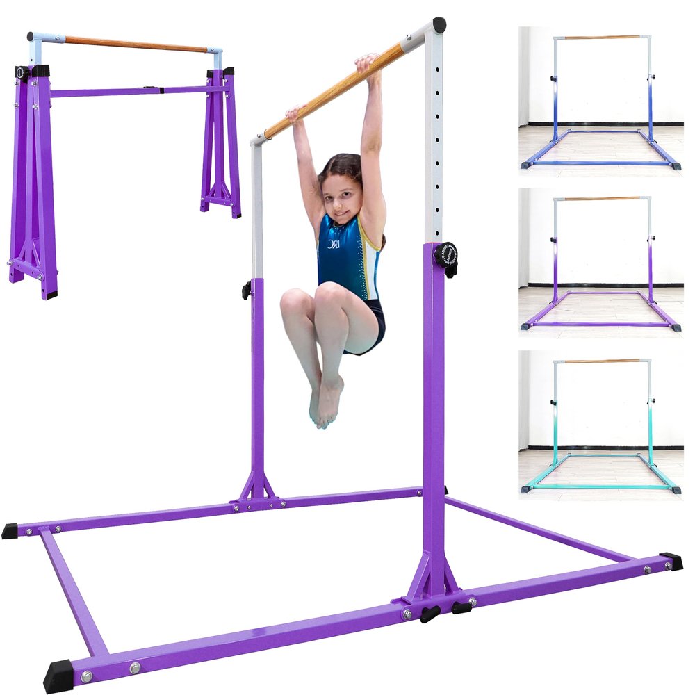 Seliyoo Foldable Gymnastics Bar for Kids, Adjustable Height from 35" to 59", 350 LBS Capacity, Home Gym Equipment for Kids Ages 3-18, Anti -Slip Rubber Feet,Unique Stable Structure