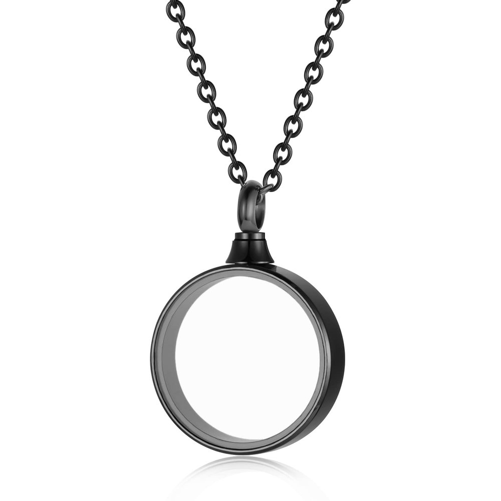 Circle Acrylic Cremation Urn Keepsake Ashes Holder Necklace, Stainless Steel Memorial Ash Locket, Simple Urn Pendant Jewelry for Dad Mom Family Souvenir, Commemorative locket for Women Men (Black)