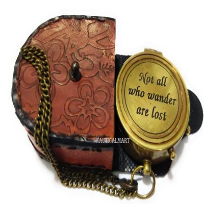 Not All Who Wander are Lost Engraved Brass Compass with Leather Case, Pirates Compass, Magnetic Navigational Instrument, Gift for Graduation, Anniversary, Baptism, Retirement, or Christmas