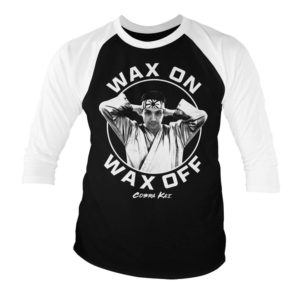 Officially Licensed Wax On Wax Off Baseball 3/4 Sleeve T-Shirt (White-Black), X-Large