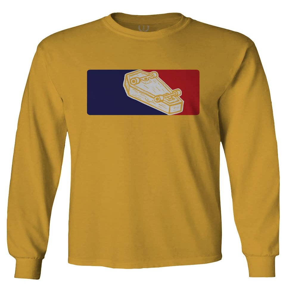 Skate League Till Death Coffin and Destroy or Die Skateboarding Graphic Men's Long Sleeve t Shirt (Gold 2X Large)