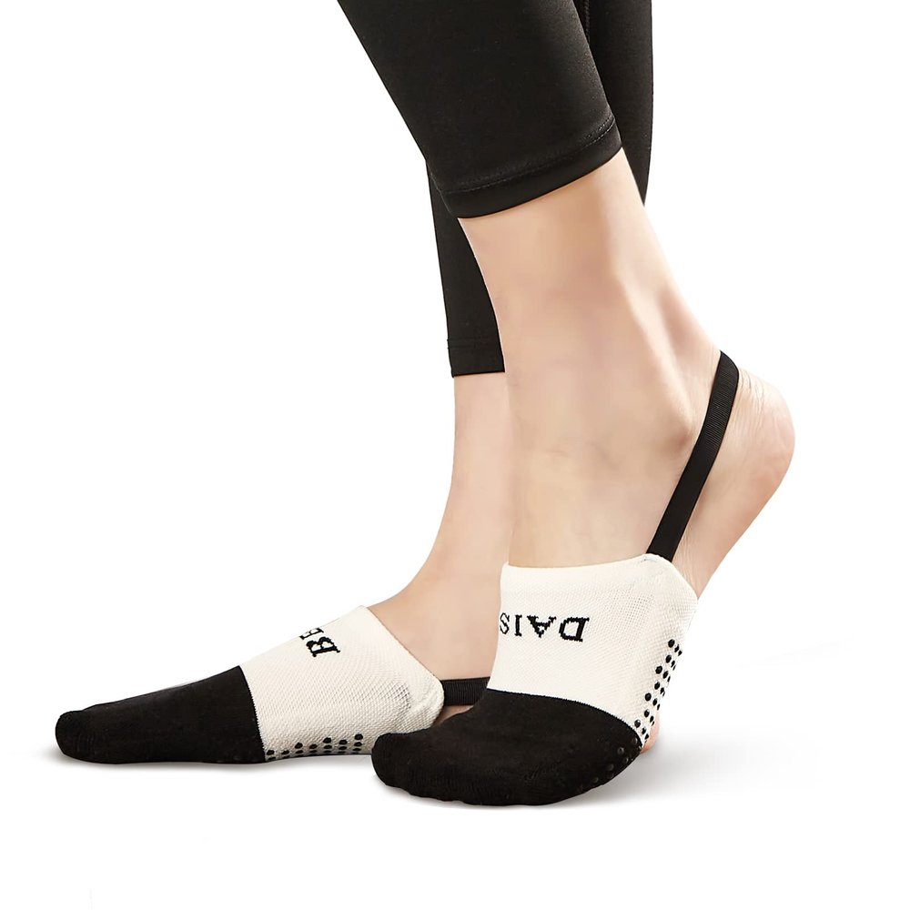 Daisy and Bella Slingback Play Up 3.0 Yoga Socks, Pilates, Fitness and Athletic Wear, Toe Topper Half Socks, Non-Slip Breathable Footwear for Women (Medium (US 8-11), 1 Pair - Black/White)