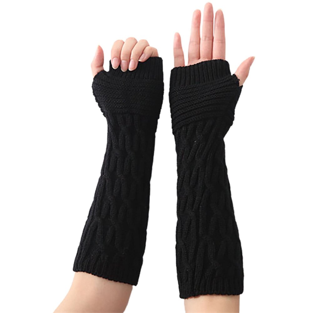angel3292 1 Pair Winter Arm Gloves Solid Color Half Finger Knitting Twisted Texture Lady Mittens for Daily Wear Arm Sleeves Cover Solid