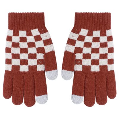 YOOJIA 1 Pair Checkered Knitted Gloves Full Finger Stretchy Gloves Winter Warm Mittens for Adults Kids Cycling Daily Use Red One Size