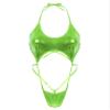 Agoky Women Shiny Glossy Bikini Swimsuit Halter Lingerie Exotic String One Piece Swimwear Fluorescent Green One Size view 2