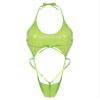 Agoky Women Shiny Glossy Bikini Swimsuit Halter Lingerie Exotic String One Piece Swimwear Fluorescent Green One Size view 3