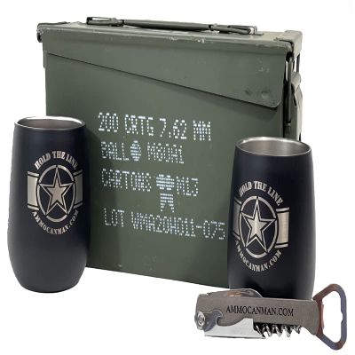 (1) 30 Cal Grade 1 Military Ammo Can (Used) - (2) Laser Engraved, Hold The Line Insulated Wine Tumblers - (1) Laser Engraved, Corkscrew/Multi-Tool