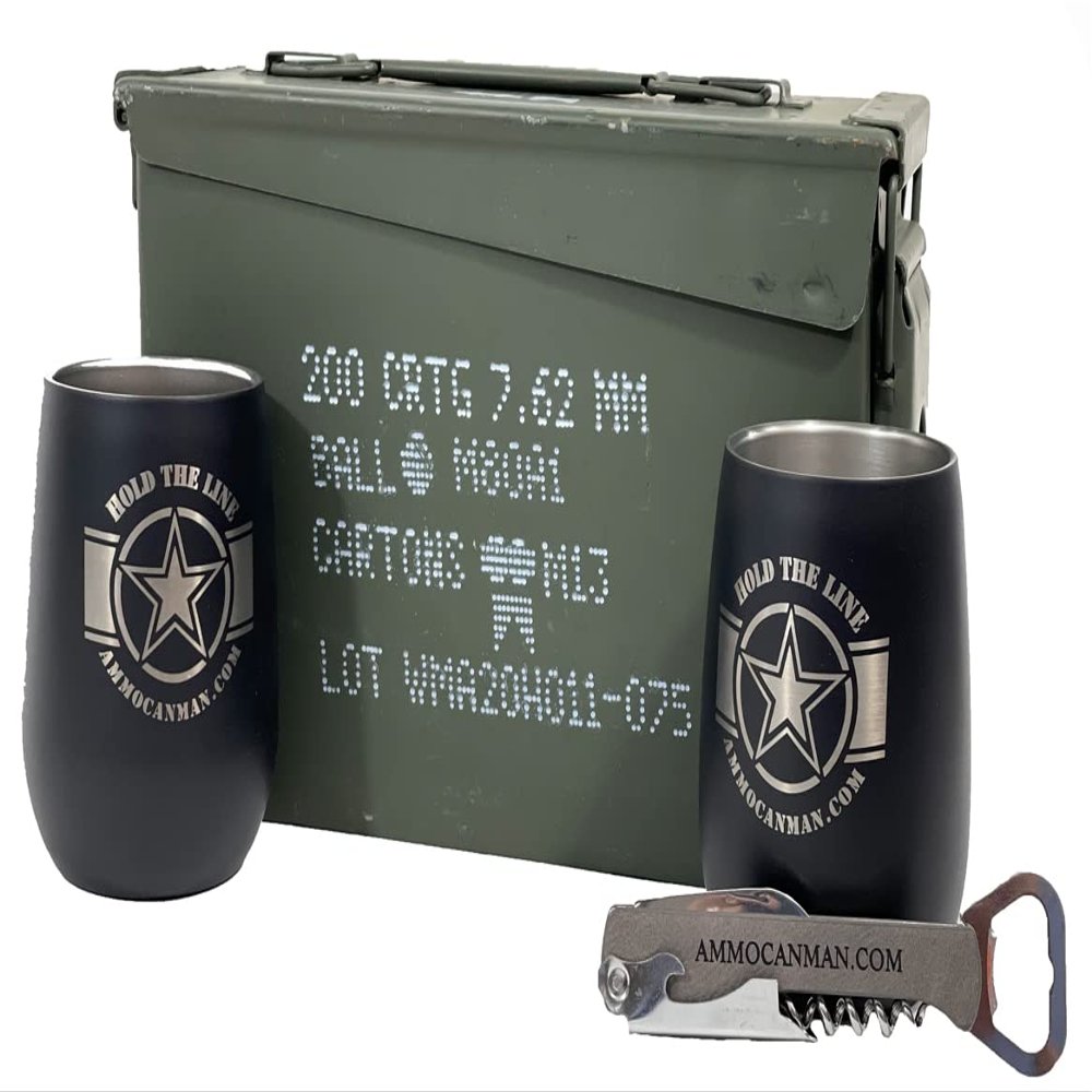 (1) 30 Cal Grade 1 Military Ammo Can (Used) - (2) Laser Engraved, Hold The Line Insulated Wine Tumblers - (1) Laser Engraved, Corkscrew/Multi-Tool