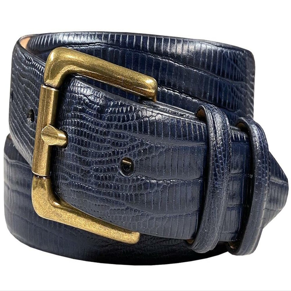 Arthur Men's Italian Calfskin Genuine Leather Dress Belt Solid Brass Roller Buckle 1-1/8"(30mm) Wide (Lizard Navy, 34)