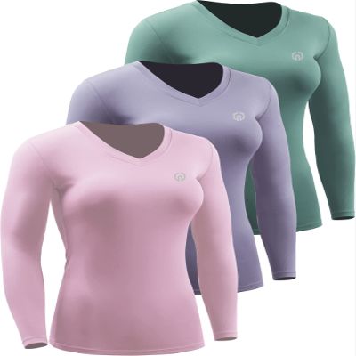 NELEUS Women's 3 Pack Compression Shirts Long Sleeve Yoga Athletic Running Shirts,V-Neck,Pink/Purple/Blackish Green,L