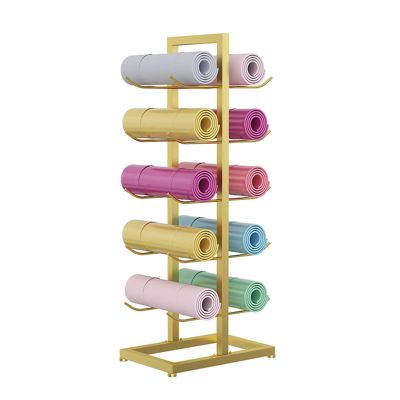 LWMD Floor Stand Yoga Mat Rack, 5 Tier Metal Organizer Holder for Foam Roller/Pilates Mats, Fitness Room/Gym Display Stand (Color : Gold)