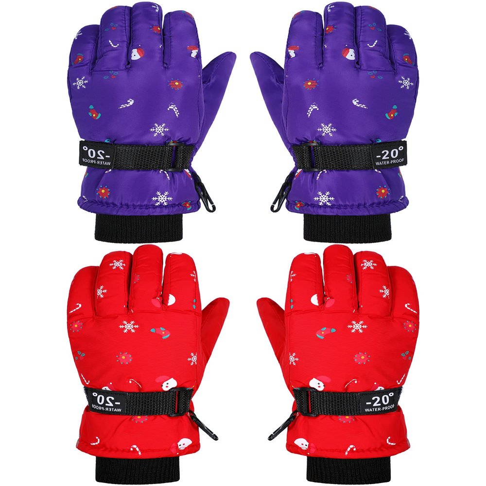 Hicarer 2 Pairs Kids Mittens Children Winter Snow Waterproof Thick Warm Windproof Gloves for Girls Boys(Red and Purple,3-6 Years,Snowflake Style)