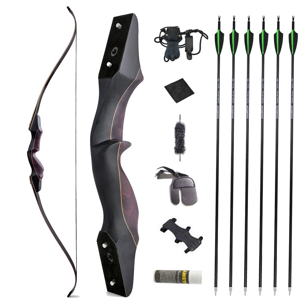 AMEYXGS 60 Inch Takedown Recurve Bow 25-60 Lbs American Hunting Bow Wood Riser Right Hand Longbow for Adult Beginner Hunting Target Practice (55 Lbs, Wine red Set)