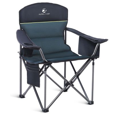ALPHA CAMP Oversized Camping Chair Heavy Duty Lawn Chair with Cooler Bag Support 450 LBS Steel Frame Collapsible Padded Arm Quad Lumbar Back Folding Chair for Outdoor,Green