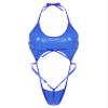Agoky Women Shiny Glossy Bikini Swimsuit Halter Lingerie Exotic String One Piece Swimwear Dark Blue One Size view 3