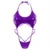 Agoky Women Shiny Glossy Bikini Swimsuit Halter Lingerie Exotic String One Piece Swimwear Purple One Size view 2