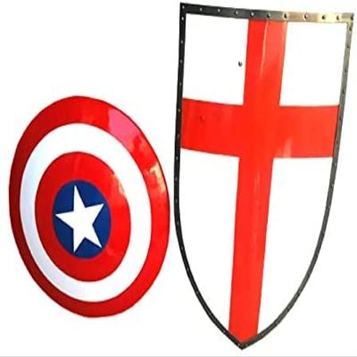 ARTIZANSTORE Medieval Warrior Viking Wooden Shield for Cosplay, Role-Play Set of 2 Pieces Medieval Knight Red Cross Shield + Captain Shield Medieval Armour Shield Party Decor Costume Gifts