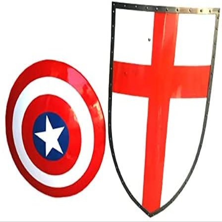 ARTIZANSTORE Medieval Warrior Viking Wooden Shield for Cosplay, Role-Play Set of 2 Pieces Medieval Knight Red Cross Shield + Captain Shield Medieval Armour Shield Party Decor Costume Gifts