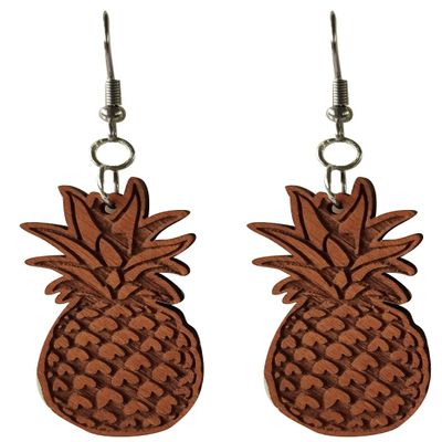 40mm Natural Wood Carved Pineapple Hawaiian Polynesian Dangle Dangling Hypoallergenic Surgical Steel Hook Earrings