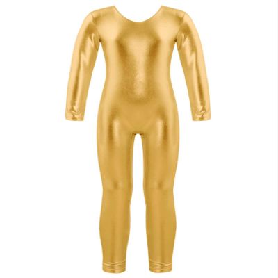 easyforever Kids Girls Shiny Metallic Long Sleeve Leotard Full Length Bodysuit Gymnastics Unitard Jumpsuit Dancewear Gold 10 Years