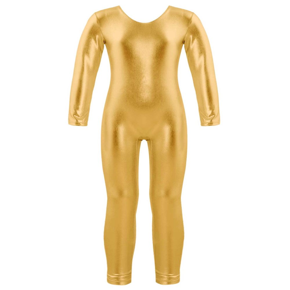 easyforever Kids Girls Shiny Metallic Long Sleeve Leotard Full Length Bodysuit Gymnastics Unitard Jumpsuit Dancewear Gold 10 Years