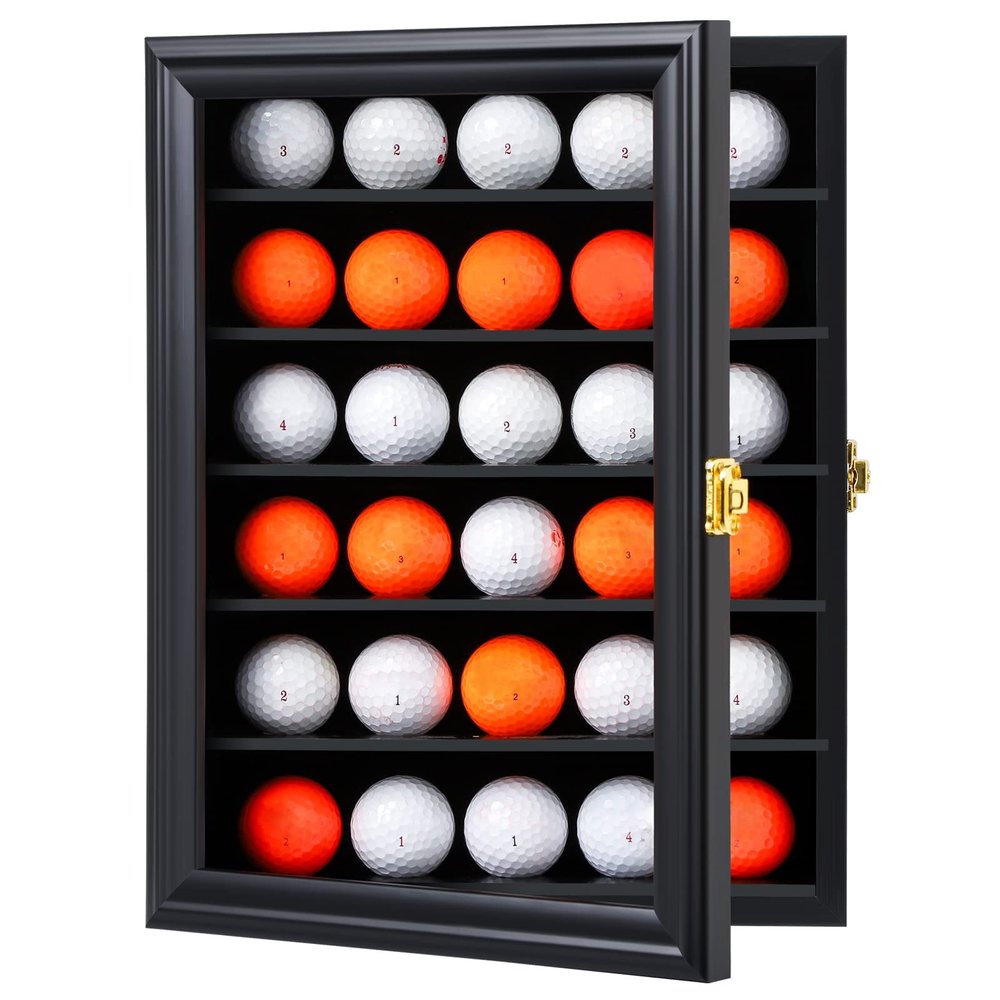KCRasan 30 Golf Ball Display Case Lockable - Golf Ball Holder Gift for Golf Enthusiasts - Golf Ball Display Rack Cabinet for Wall Mount with Glass Door