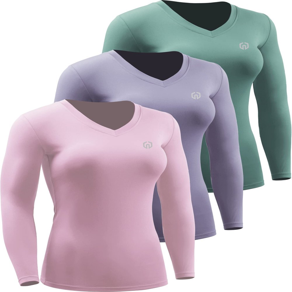 NELEUS Women's 3 Pack Compression Shirts Long Sleeve Yoga Athletic Running Shirts,V-Neck,Pink/Purple/Blackish Green,XL