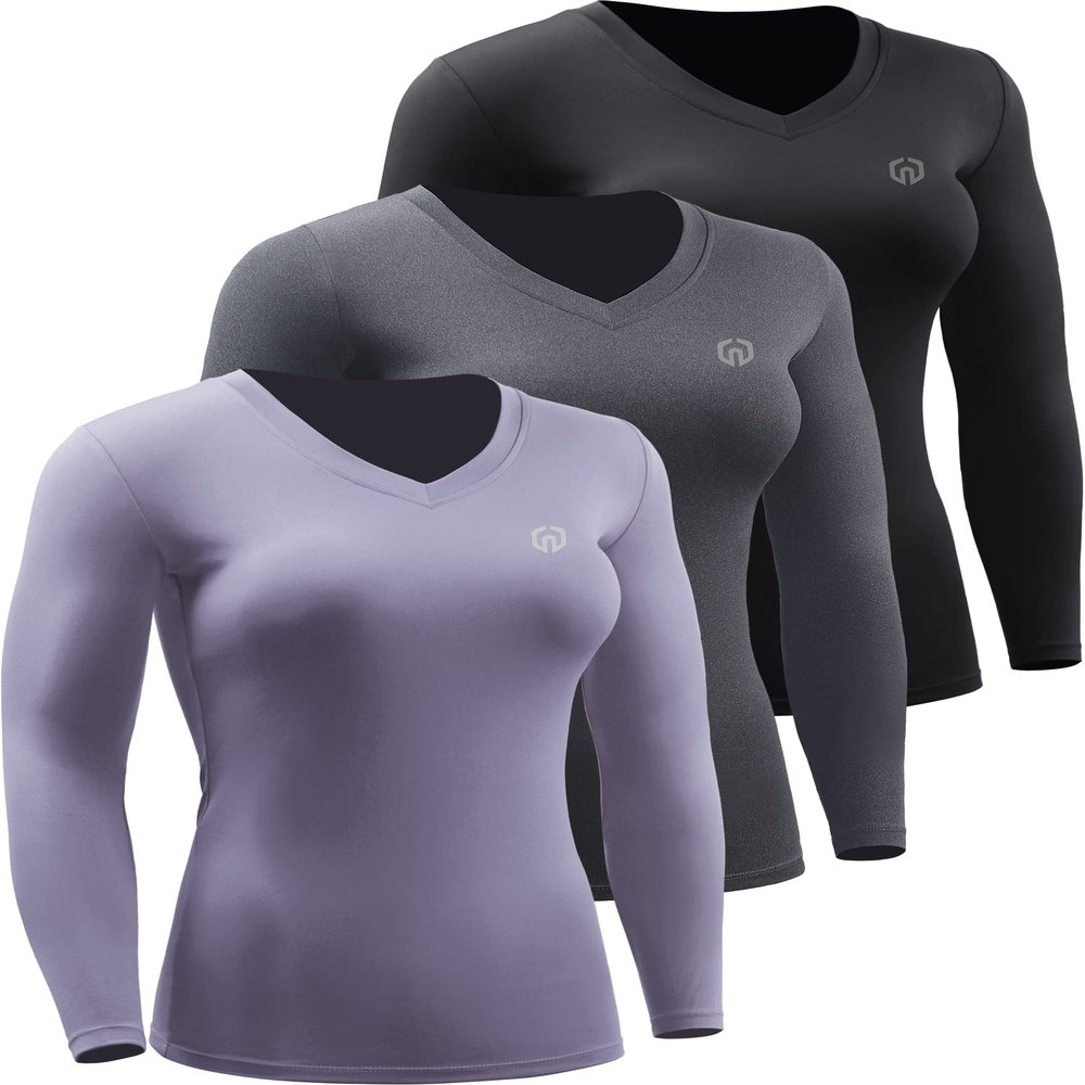 NELEUS Women's 3 Pack Compression Shirts Long Sleeve Yoga Athletic Running Shirts,V-Neck,Black/Grey/Purple,M
