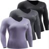 NELEUS Women's 3 Pack Compression Shirts Long Sleeve Yoga Athletic Running Shirts,V-Neck,Black/Grey/Purple,M view 1