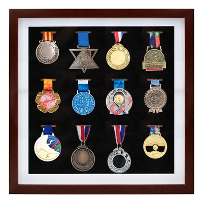 16x16 Inch Medal Display Shadow Box Frame, 12 Medals Display Case, 3D Wooden Medal Box Frame for Runners Marathon Triathlon Soccer Gymnastics All Sports Award Insignia (Walnut Finish)