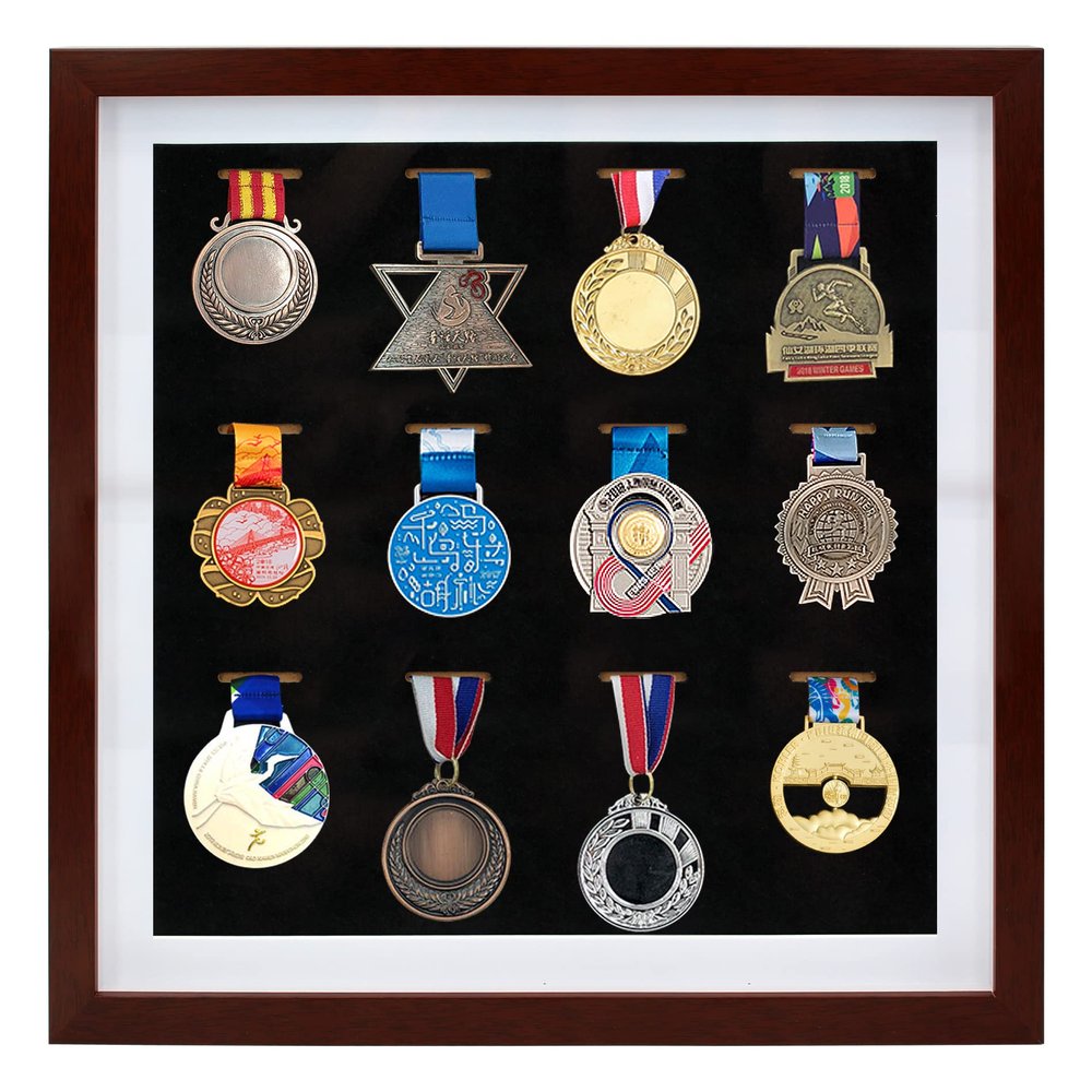 16x16 Inch Medal Display Shadow Box Frame, 12 Medals Display Case, 3D Wooden Medal Box Frame for Runners Marathon Triathlon Soccer Gymnastics All Sports Award Insignia (Walnut Finish)