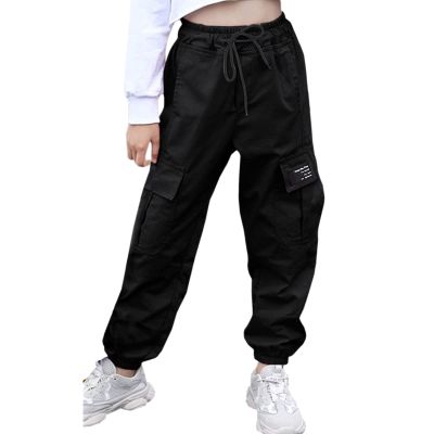POLG Girls Cargo Jogger Pants Casual Hip Hop Dance Trousers Cotton Cargo Jogger Pants with Pockets Kids Clothes 3-12 Years (Black, 6-7Years)