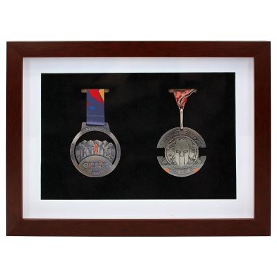 Wooden Medal Display Shadow Box Frame, 2 Medals Display Case for Runners Marathon Soccer Football Gymnastics & All Sports Military Medals Pins Patches Badge Award Insignia (Walnut)