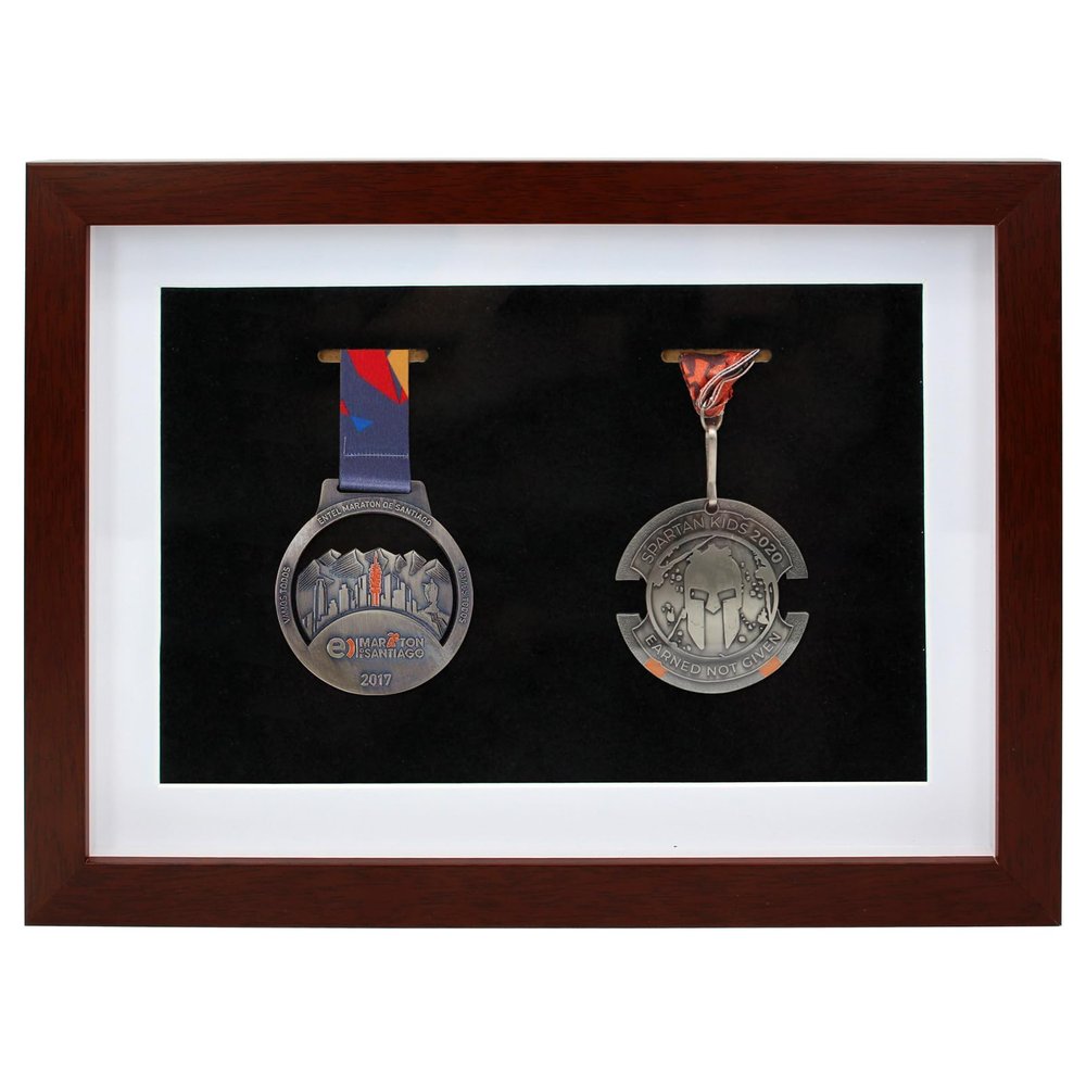 Wooden Medal Display Shadow Box Frame, 2 Medals Display Case for Runners Marathon Soccer Football Gymnastics & All Sports Military Medals Pins Patches Badge Award Insignia (Walnut)